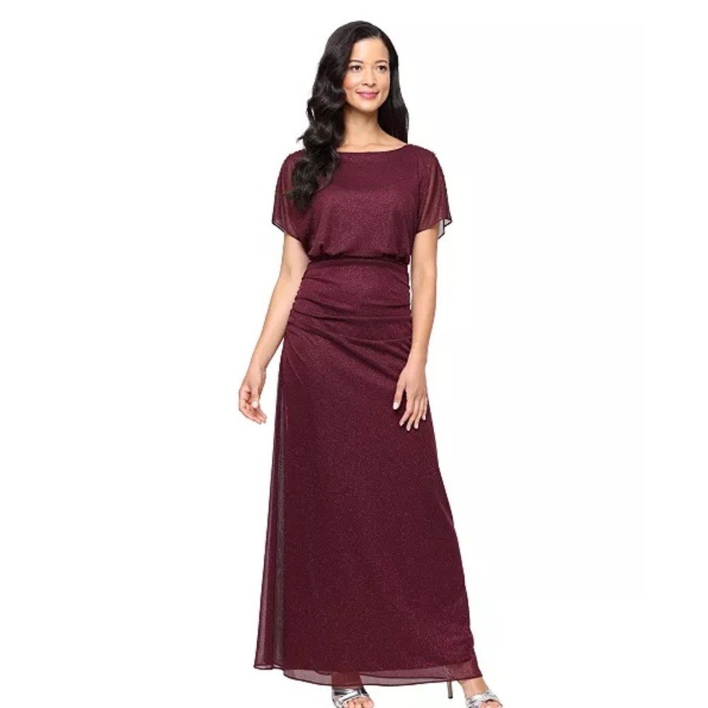SLNY Beaded Sleeve Gown Womens 16 NWT Fig Purple Shimmer Formal Dress MSRP $139